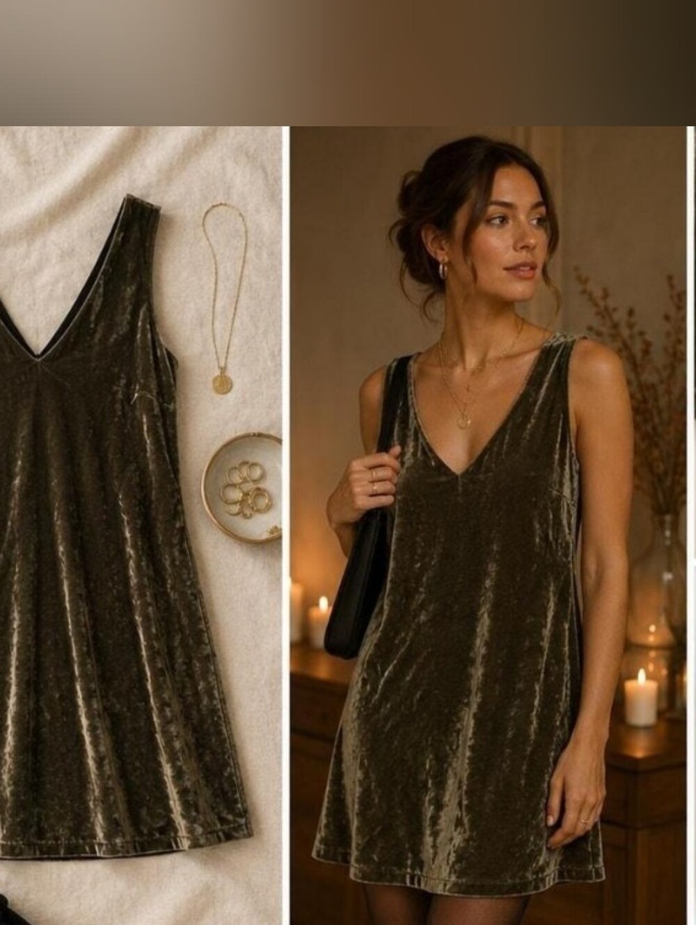 NWT-Melloday Olive Green Crushed Velvet V-Neck Mini Dress Small, Holidays, Gift